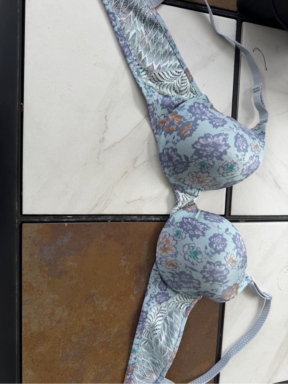 Light Blue Floral Lace-Trim Push-Up Bra